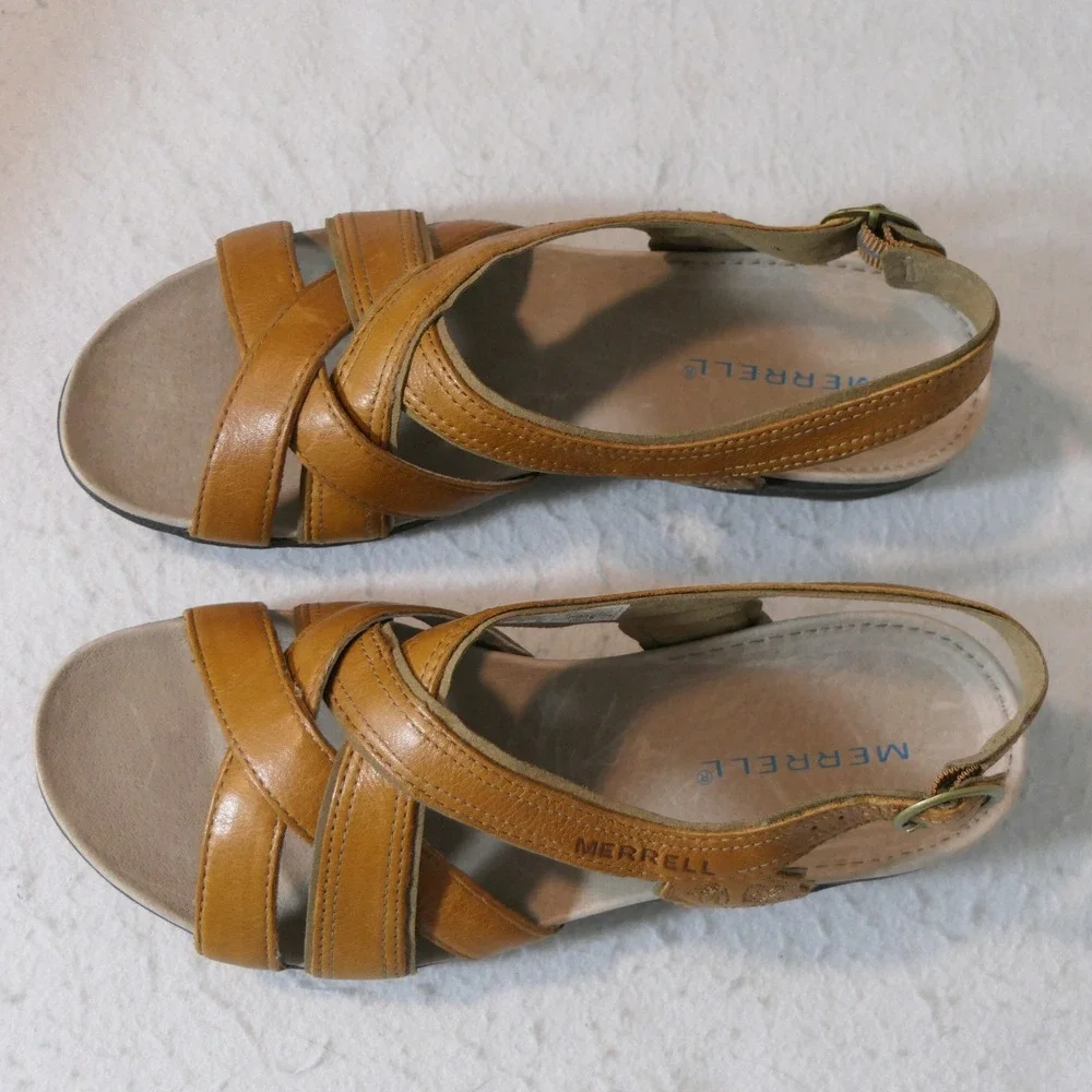 NIB Merrell Womens Bassoon Sandals 9 Tan Leather Strappy Gorpcore Granola J46248
